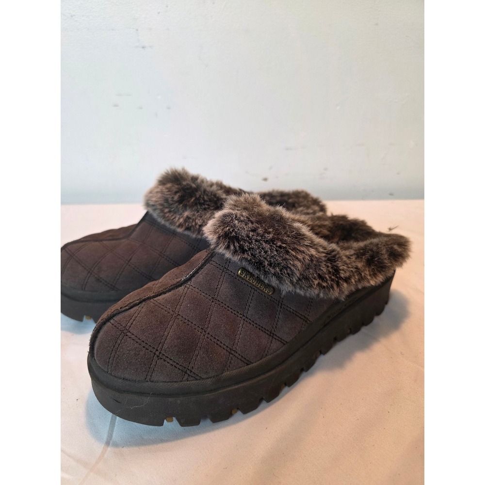 Skechers Jammers Brown Quilted Suede Faux Fur Mules Clogs 46330 Womens 10